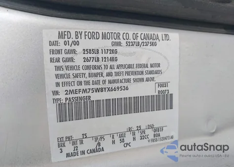 2000 Mercury Grand Marquis Ls from USA, damaged, VIN 2MEFM75W8YX669536